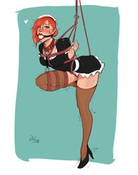 arms_behind_back ball_gag bent_over bondage bound bound_arms bound_leg clothed clothed_female collar crotch_rope dafuqart female femsub gag gagged helpless high_heels lipstick looking_at_viewer maid maid_headdress maid_uniform one_leg_up red_hair red_lipstick restrained rope rope_bondage solo tagme thighhighs tied_up white_ball_gag