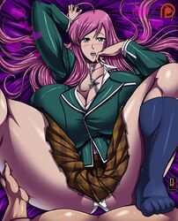 akashiya_moka big_breasts disembodied_hand green_eyes hyper_breasts necklace osmar-shotgun pink_hair rosario+vampire school_uniform vampire