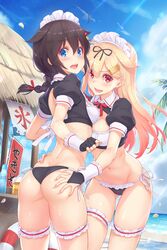 2girls :d adapted_costume ahoge ass ass_grab bangs beach bikini black_ribbon blonde_hair blue_eyes blue_sky blush braid breasts brown_hair cloud cowboy_shot dan_(kumadan) day eyebrows_visible_through_hair fingerless_gloves frilled_bikini frills from_behind garters gloves gluteal_fold gradient_hair groping hair_between_eyes hair_flaps hair_ornament hair_ribbon hairclip hand_on_ass highres kantai_collection leg_garter long_hair looking_at_viewer looking_back maid maid_bikini maid_headdress medium_breasts medium_hair multicolored_hair multiple_girls navel ocean oerba_yun_fang open_mouth outdoors petals puffy_short_sleeves puffy_sleeves red_eyes red_neckwear remodel_(kantai_collection) ribbon sand shigure_(kantai_collection) short_sleeves shrug_(clothing) side-tie_bikini single_braid skindentation sky small_breasts smile standing straight_hair string string_bikini swimsuit thigh_strap thighs water yuudachi_(kantai_collection)