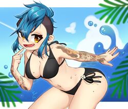 1girls beach big_breasts bikini blue_hair breasts cleavage female female_only heart-shaped_pupils payday_(series) payday_2 shaved_side solo swimsuit sydney_(payday_2) tattoo tattooed_arm thick_thighs wg-p wide_hips