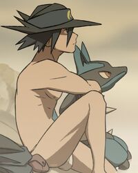 alolan_boy game_freak gay hat hug lucario mostly_nude pokemon pokemon_(species) sir_aaron underwear underwear_only