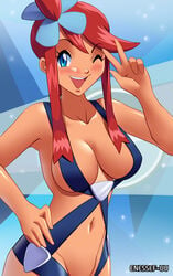 1girls blue_eyes blush enessef-uu english_text hair_ornament hand_on_hip large_breasts midriff navel open_mouth peace_sign pokemon pokemon_bw pokemon_masters red_hair skindentation skyla_(pokemon) tan_skin text tight_fit watermark wink winking_at_viewer