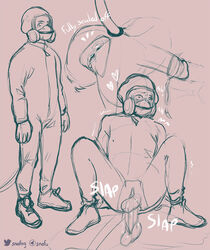 andromorph anthro ass close-up clothed clothing cuntboy duo footwear fully_clothed gas_mask genitals hazmat hazmat_suit intersex intersex/male male mask penetration penis pussy shoes sketch_page snofu snofu_(character) solo solo_focus text vaginal_penetration