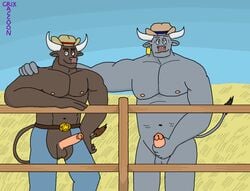 age_difference anthro belt bovid bovine cattle chaps clothing cowboy_hat crix_raccoon duo ear_tag erection fence field foreskin genitals hat hat_only headgear headgear_only headwear headwear_only humanoid_genitalia humanoid_penis male male/male mammal mostly_nude muscular muscular_male nipples outside overweight overweight_male partly_clothed penis scar uncut