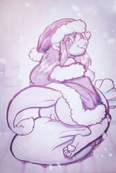 2:3 barefoot bottomless breasts cainethelongshot christmas christmas_clothing christmas_headwear clothed clothing female fur genitals hait hat headgear headwear hi_res holidays looking_at_viewer markings monochrome nipples no_humans pussy rei santa_hat sketch smile solo tongue tongue_out