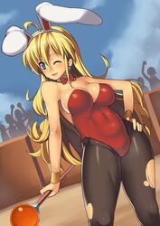 1girls animal_ears bare_shoulders black_legwear blonde_hair blue_eyes bow bowtie bracelet breasts bunny_costume bunny_ears bunny_girl bunny_suit bunny_tail bunnysuit cleavage clothing detached_collar dragon_quest dragon_quest_iv earrings fake_animal_ears female female_only gold_jewelry hair large_breasts legwear leotard long_hair medium_breasts nagase_haruhito one_eye_closed pantyhose prima_donna red_clothing red_leotard solo solo_female staff torn_clothes torn_legwear torn_pantyhose wink