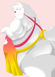 2020 anthro apron ass balls barely_visible_balls barely_visible_genitalia blush canid canine canis clothing domestic_dog fur genitals kemono male mammal nordic_sled_dog obese obese_anthro obese_male overweight overweight_anthro overweight_male samoyed solo spitz tomoya_(artist) tomoyamaru tomoyamaru_alt white_body white_fur