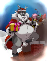 anthro balls belly bravo cervid christmas erection eyewear forebucks genitals glasses harness hi_res holidays male male_only mammal old overweight overweight_anthro overweight_male penis santa_claus solo