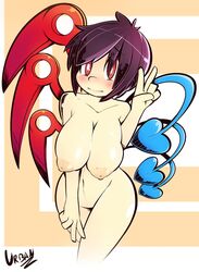 black_hair blush large_breasts nue_houjuu peace_sign red_eyes short_hair smile touhou urban-centre wide_hips wings