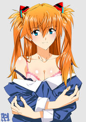 1girls asuka_langley_sohryu blue_eyes blush bra breasts clothing female highres interface_headset long_hair looking_at_viewer medium_breasts neon_genesis_evangelion orange_hair school_uniform solo underwear undressing yamayoshi