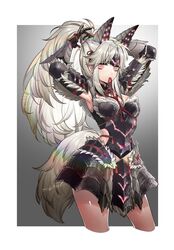 armor armpits arms_behind_head pink_eyes stygian_zinogre_(armor) white_fur white_hair white_tail zinogre zinogre_(armor)