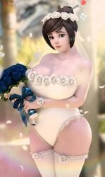 1girls 3d 3d_(artwork) big_breasts blizzard_entertainment breasts brown_eyes brown_hair busty cleavage curvy female female_only flowers fugtrup huge_breasts large_breasts leotard mei_(overwatch) mei_ling_zhou one-piece overwatch solo thick_thighs thighhighs voluptuous wedding_dress