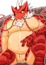 2020 absurd_res anthro beard blush facial_hair hi_res humanoid_hands iguanid itzamna kemono kira_kitira lizard male musclegut overweight overweight_anthro overweight_male red_body reptile scalie sitting slit solo tokyo_afterschool_summoners video_games