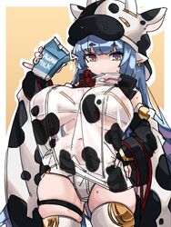 1girls blue_hair clothing cow_girl cow_horns cow_print earrings female female_only granblue_fantasy highres holding horns legband long_hair looking_at_viewer milk multicolored_eyes panties pointy_ears shatola_(granblue_fantasy) solo solo_female thick_thighs thigh_squish topwear transparent_clothing zanamaoria