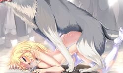 all_fours animal ass audience being_watched blonde_hair blue_eyes blush breasts canid_on_humanoid canine canine_genitalia canine_on_human canine_on_humanoid canine_penis chains collar crowd cum cum_in_pussy doggy_style dominant_feral exhibitionism female female_human female_human/male_feral female_on_feral femsub feral garter_straps highres human humanoid_genitalia humanoid_pussy humiliation ichina_(osabakitina) knot male male/female male_canine maledom medium_breasts nude original outdoors public public_bestiality public_exposure rape sex sex_from_behind shiny shiny_hair shiny_skin slave solo_focus top-down_bottom-up vaginal_penetration zoophilia