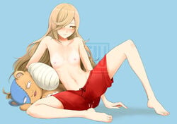 1girls barefoot binbougami_ga! blonde_hair cast embarrassed female female_focus female_only flat_chest folu foluthewizard hair_over_one_eye kumagai_(binbougami_ga!) leaning long_hair male_swimwear_challenge mens_swimsuit_challenge momiji_(binbougami_ga!) nipples sitting sitting_on_person small_breasts spread_legs stuffed_animal swimming_trunks swimwear tanline topless topless_female wet wet_pussy