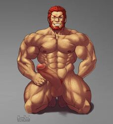 1boy abs arm_hair bara beard boner chest_hair collarbone completely_nude erection facial_hair fate/grand_order fate/zero fate_(series) hairy iskandar_(fate) kneeling large_penis looking_at_viewer male_focus male_only male_pubic_hair muscular muscular_male navel navel_hair nhawnuad nipples nude one_eye_closed pectorals penis pubic_hair red_eyes red_hair scar_on_leg short_hair smile solo thick_thighs thighs uncensored