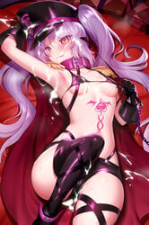 1girls arm_up armpits bangs bare_shoulders bikini black_bikini blush boots breasts cape chains closed_mouth collar collarbone cum cum_on_face cunny epaulettes euryale euryale_(fate) fate/hollow_ataraxia fate_(series) female gloves hat highres knee_up licking_lips long_hair looking_at_viewer lying m-da_s-tarou micro_bikini navel on_back peaked_cap purple_hair riding_crop short_shorts shorts slit_pupils small_breasts solo stomach_tattoo swimsuit tattoo thigh_boots thighhighs thighs tongue tongue_out twintails very_long_hair yellow_eyes young younger_female