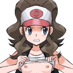 bare_shoulders baseball_cap blue_eyes blush breasts brown_hair clenched_teeth female frown gomatarou hat hilda_(pokemon) long_hair looking_to_the_side lowres nintendo nipples no_bra oekaki pokemon pokemon_bw ponytail shirt_lift simple_background small_breasts solo tank_top tears teeth upper_body vest white_background