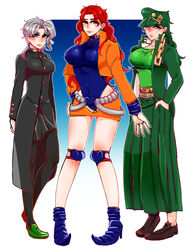 3girls artist_request big_breasts bodysuit breasts clothed dio_brando erect_nipples female female_dio female_jotaro female_only hat human jojo's_bizarre_adventure jotaro_kujo leotard light-skinned_female light_skin lineup long_hair miniskirt nipples_visible_through_clothing noriaki_kakyoin rule_63 shounen_jump stardust_crusaders