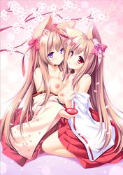 2girls animal_ears areolae breasts clothed clothing digital_version duo female female_only hakama hakama_skirt humanoid japanese_clothes kemonomimi lump_of_sugar miko mito_kohaku mito_mashiro moekibara_fumitake multiple_girls nipples no_bra open_shirt pale_skin partially_clothed tayutama tayutama_2