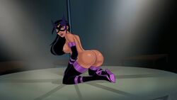 1girls ass big_ass birds_of_prey bottomless breasts dc dc_comics dcau female female_only helena_bertinelli high_heels huntress_(dc) justice_league_unlimited kneeling lipstick looking_back mask naked nipples pussy solo something_unlimited stripper_pole sunsetriders7 topless