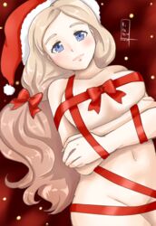 1girls alternate_hairstyle arms_folded bare_arms blonde_hair blue_eyes blush christmas covered_nipples covered_pussy fire_emblem fire_emblem:_three_houses folded_arms large_breasts lips long_hair looking_at_viewer medium_breasts mercedes_von_martritz naked_ribbon navel nintendo nude nude_female onikagura_(artist) ribbon ribboned_body santa_hat solo