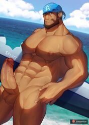 1boy abs archie_(pokemon) bandana bara barayellow beard blue_headwear boner brown_hair completely_nude dark-skinned_male dark_skin erection facial_hair highres looking_at_viewer male_focus male_only masa_yawara_(yellow) muscular muscular_male navel navel_hair nipples nude pectorals penis pokemon pokemon_(game) pokemon_rse short_hair solo team_aqua testicles thick_thighs thighs uncensored veins veiny_penis