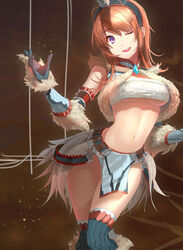 bandage_bra bra brown_hair capcom cleavage gloves horn kirin_(armor) midriff monster_hunter one_eye_closed purple_eyes solo solo_female thick_thighs underboob underwear white_fur