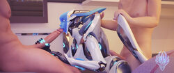 1girls 2boys 3d 3d_(artwork) bent_over blender blizzard_entertainment breasts cum cum_in_ass echo_(overwatch) female from_behind from_behind_position huge_cock its-gergless licking licking_penis male omnic oral oral_sex overwatch robot_girl small_breasts straight unseen_male_face wings