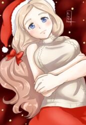 1girls alternate_costume alternate_hairstyle arms_folded bare_arms blonde_hair blue_eyes blush christmas fire_emblem fire_emblem:_three_houses folded_arms large_breasts lips long_hair looking_at_viewer medium_breasts mercedes_von_martritz nintendo onikagura_(artist) santa_hat skirt solo sweater