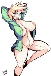 blonde_hair blue_eyes female huge_breasts milf mitsuki_bakugou my_hero_academia open_clothes pubic_hair short_hair solo spiky_hair standing_on_one_leg thick_thighs tongue_out urban-centre white_background