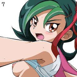 angry blush bow breasts breasts_out brown_eyes female gomatarou green_hair hair_ribbon hi_res kotori_mizuki looking_at_viewer mizuki_kotori nipples open_mouth ribbon shirt_lift shirt_up short_hair shounen_jump small_breasts solo tori_meadows two_tone_hair upper_body yu-gi-oh! yu-gi-oh!_zexal