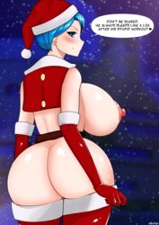 1girls 2020 absurd_res absurdres ass azienda back background big_ass big_breasts big_nipples blue_eyes blue_hair blush breasts bulma_briefs busty butt_crack christmas christmas_outfit chubby clothing cowboy_shot curvaceous curves curvy curvy_female dialogue dragon_ball dragon_ball_super dragon_ball_z earring earrings english_text erect_nipples fat_ass female female_only gloves hi_res high_resolution highres human large_ass light-skinned_female light_skin long_gloves looking_at_viewer looking_back milf nipple pale pale-skinned_female pale_skin plump santa_costume santa_hat short_hair side_view sideboob signature smile smiling solo speech_bubble standing text thick thick_ass thick_thighs voluptuous white_skin