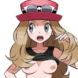 bare_shoulders blonde_hair blush breasts breasts_apart eyewear_on_head female glasses_on_head gomatarou grey_eyes hat long_hair looking_to_the_side lowres medium_breasts nintendo nipples no_bra oekaki open_mouth pokemon pokemon_xy serena_(pokemon) serena_(pokemon_games) shirt_lift simple_background solo sun_hat sunglasses sunglasses_on_head sweatdrop upper_body white_background