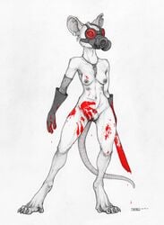 anthro blood bodily_fluids breasts clothing ecmajor female gas_mask gloves handwear hi_res jewelry machete mammal mask melee_weapon multi_breast murid murine navel necklace nude rat rodent scar simple_background solo weapon white_background