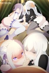 1boy 2girls albino ass bangs bare_shoulders black_dress black_eyes blunt_bangs braid breasts caressing_testicles collaborative_fellatio crown_braid cum_in_mouth double_fellatio dress echidna_(re:zero) ejaculation elf emilia_(re:zero) facial fellatio female ffm_threesome flower_hair_ornament fringe gear_art groping hair_ornament high_resolution kissing large_breasts large_filesize light-skinned_female light-skinned_male light_skin long_hair looking_at_viewer male male_pov multiple_fellatio multiple_girls multiple_views natsuki_subaru oral pale-skinned_female penis penis_grab penis_kiss petite pointed_ears pov purple_eyes re:zero_kara_hajimeru_isekai_seikatsu semen short_hair sidelocks silver_hair straight teamwork teenager thick_thighs thighhighs thighs threesome tied_hair uncensored very_high_resolution white_eyelashes white_hair white_legwear white_skin white_thighhighs witch yandere