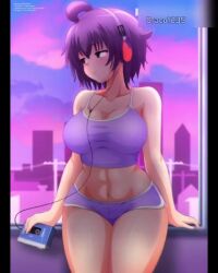 1girls 4:5 absurdres arm_support blush breasts building cassette_player cityscape cleavage cloud collarbone female green_eyes headphones highres holding house large_breasts looking_to_the_side midriff navel pole power_lines purple_hair purple_shirt purple_shorts purple_sky shirt short_hair shorter_than_10_seconds shorts sitting sky skyscraper sony tagme tank_top vaporwave vertical_video video walkman yukino_akaihi yukino_memories zel-sama