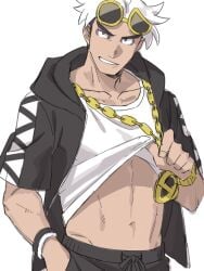 1boy adult adult_male artist_request belly_button black_sweatpants clothed clothed_male gold_chain gold_jewelry gold_watch guzma_(pokemon) holding_jewelry jacket lifting_shirt looking_at_viewer male male_focus male_only no_background no_sex pokemon pokemon_sm pokemon_usm pulling_shirt sfw skinny skinny_male smiling sunglasses sunglasses_on_head sweatpants team_skull tilted_head tilting_head toned toned_body toned_male two_tone_jacket white_background white_hair white_shirt yellow_sunglasses