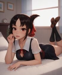 ai_generated ass bdmaestro black_hair hairband legs_up looking_at_viewer lying on_stomach red_eyes shinomiya_kaguya skirt socks