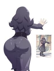 1girls absurdres ass ass_focus back big_ass breasts commentary creatures_(company) dress english_commentary facing_away female from_behind game_freak hag_maniac_(z-a) hex_maniac highres huge_ass long_hair long_sleeves ludinsketches nintendo pantylines pokemon pokemon_legends:_z-a reference_inset simple_background tight_clothes tight_dress white_background