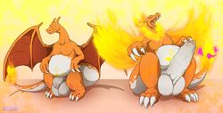 2019 3_toes anthro balls belly big_balls big_penis charizard chikiota claws erection fire flaccid foreskin gaping_mouth genitals hi_res huge_balls huge_cock humanoid_genitalia hyper hyper_genitalia hyper_penis male membrane_(anatomy) membranous_wings multiple_images nintendo open_mouth orange_body penis pokémon_(species) pokemon pokemon_(species) roaring scalie solo standing toes uncut unretracted_foreskin vein veiny_penis video_games white_claws wings