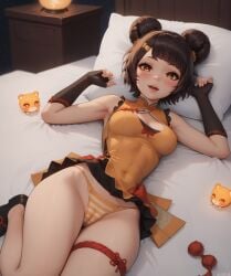 ai_generated armpits bare_shoulders bdmaestro bed cameltoe cleavage covered_navel dress looking_at_viewer lying on_back open_mouth panties striped_panties thighs xiangling_(genshin_impact)