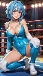 ai_generated big_breasts blue_eyes blue_hair boxing_ring latex_suit looking_at_viewer salam57 short_hair squatting