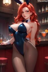 1girls ai_generated angry_face bar_counter big_breasts blue_eyes blue_leotard blush bunny_ears bunny_girl cocktail earrings female indoors league_of_legends leotard long_hair looking_at_viewer miss_fortune navel_visible_through_clothes pantyhose red_hair salupai sexy_pose solo solo_female thick_thighs thin_waist uncensored