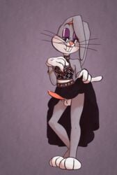 absurd_res anthro balls bottomwear bugs_bunny clothed clothing clothing_lift dress eyeshadow fembugs_bunny futanari genitals gynomorph hi_res intersex lipstick looking_at_viewer looney_tunes makeup passionatefloorromance penis rule_63 skirt skirt_lift solo standing upskirt warner_brothers