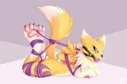 anthro ball_gag bandai_namco barefoot big_breasts blue_eyes bondage bound breast_squish breasts canid canine claws digimon digimon_(species) feet female fur fur_markings gag hi_res jazzax mammal markings nipples pawpads renamon restraints rope rope_bondage simple_background smile solo squish toe_claws toe_restraints yellow_body yellow_fur