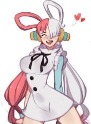 big_breasts headphone heart huge_breasts huge_thighs navel one_piece red_hair ribbon smile thighs uta_(one_piece) white_hair