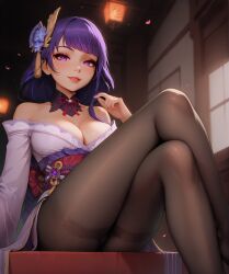 ai_generated bdmaestro cleavage crossed_legs dress female genshin_impact looking_at_viewer off_shoulder pantyhose raiden_shogun smile