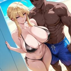 1boy 1girls abs ahoge ai_generated areola_slip areolae artoria_pendragon artoria_pendragon_(lancer) bald bangs bare_shoulders beach bikini bikini_bottom black_bikini black_swimsuit blonde_hair blue_sky blush braid breasts bulge clavicle cleavage closed_mouth clothing cloud curvaceous curvaceous_female curvaceous_figure curvy curvy_figure dark-skinned_male dark_skin day erect_nipples faceless faceless_male fate/grand_order fate_(series) female female female_focus french_braid green_eyes hair_between_eyes highleg huge_breasts imminent_sex interracial inviting inviting_to_sex large_breasts long_hair looking_at_viewer male male_swimwear micro_bikini mogu-tyan muscle navel nipples ocean outdoors penis ponytail presenting presenting_ass presenting_breasts presenting_hindquarters presenting_self seductive seductive_look seductive_smile short_hair shorts side-tie_bikini_bottom side-tie_clothing side-tie_swimsuit sidelocks sky smile solo_focus standing stomach straight sweat swimsuit thick_thighs thighs tied_hair veins voluptuous voluptuous_female water